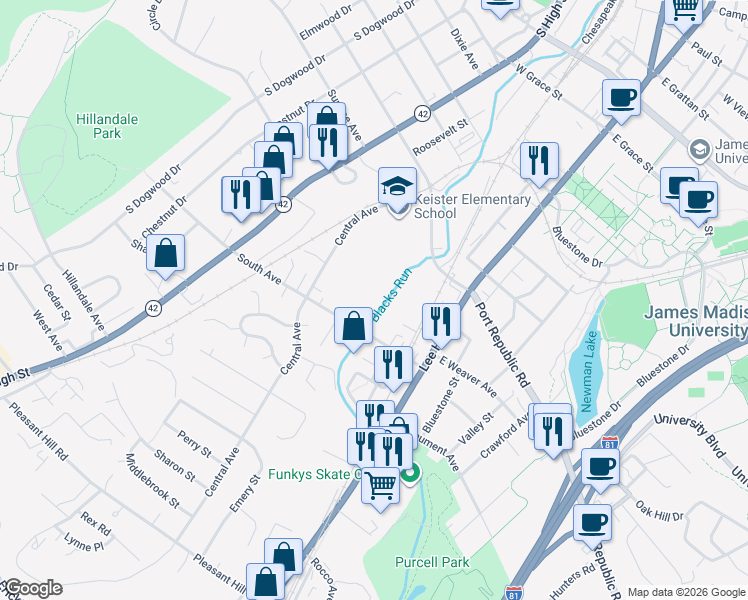 map of restaurants, bars, coffee shops, grocery stores, and more near 52 South Avenue in Harrisonburg