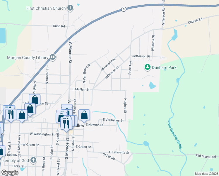 map of restaurants, bars, coffee shops, grocery stores, and more near 409 East McNair Street in Versailles