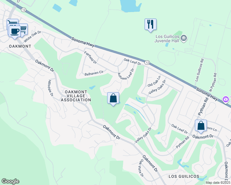 map of restaurants, bars, coffee shops, grocery stores, and more near 220 Mockingbird Circle in Santa Rosa