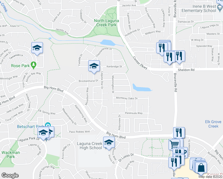 map of restaurants, bars, coffee shops, grocery stores, and more near 8856 Mannington Street in Elk Grove
