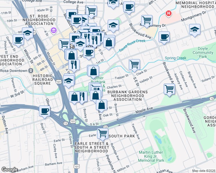 map of restaurants, bars, coffee shops, grocery stores, and more near 645 Charles Street in Santa Rosa