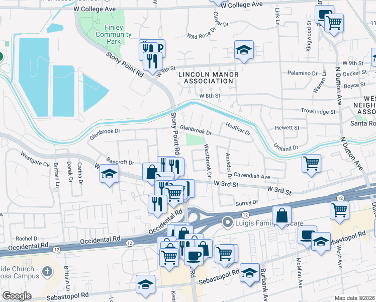 map of restaurants, bars, coffee shops, grocery stores, and more near 311 Mosswood Lane in Santa Rosa