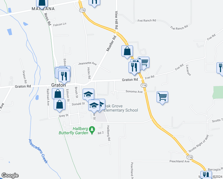 map of restaurants, bars, coffee shops, grocery stores, and more near 8645 Sonoma Avenue in Sebastopol