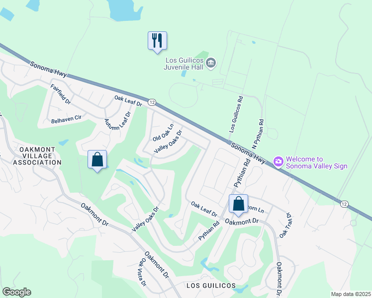 map of restaurants, bars, coffee shops, grocery stores, and more near 254 Oak Shadow Drive in Santa Rosa