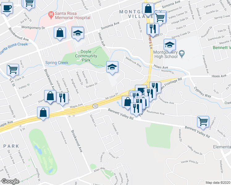 map of restaurants, bars, coffee shops, grocery stores, and more near 2035 Mount Olive Drive in Santa Rosa