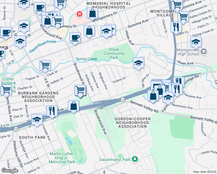 map of restaurants, bars, coffee shops, grocery stores, and more near 842 Brigham Avenue in Santa Rosa