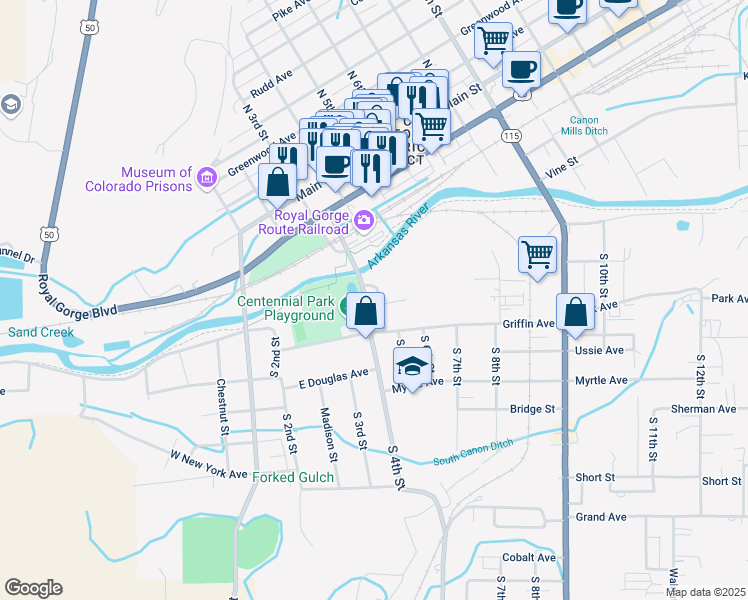 map of restaurants, bars, coffee shops, grocery stores, and more near 614 S 4th St in Cañon City