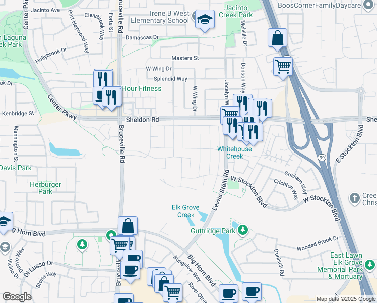 map of restaurants, bars, coffee shops, grocery stores, and more near 7700-7810 Sheldon Road in Elk Grove
