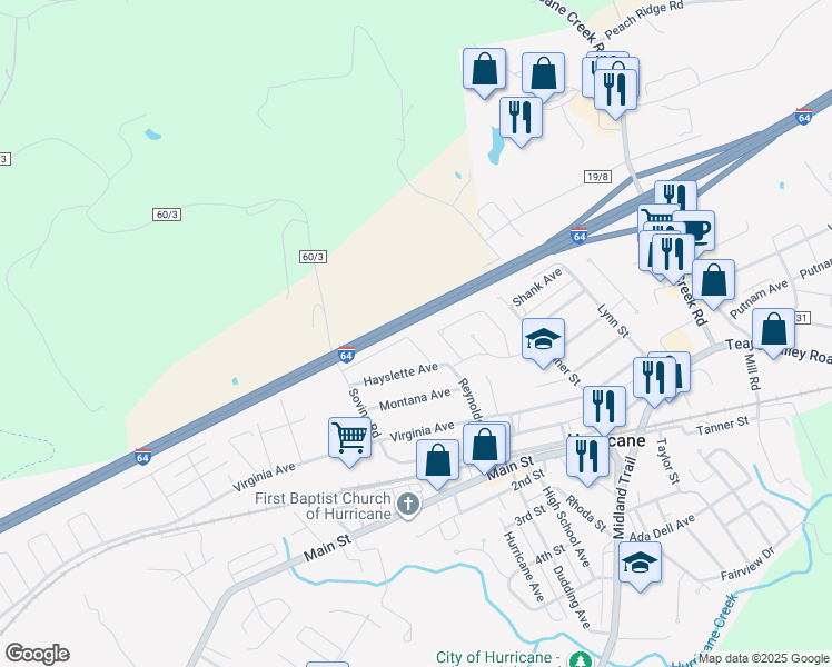 map of restaurants, bars, coffee shops, grocery stores, and more near 165 Henderson Avenue in Hurricane