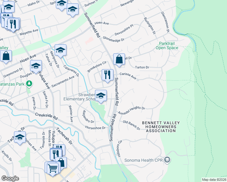 map of restaurants, bars, coffee shops, grocery stores, and more near 2032 San Antonio Drive in Santa Rosa