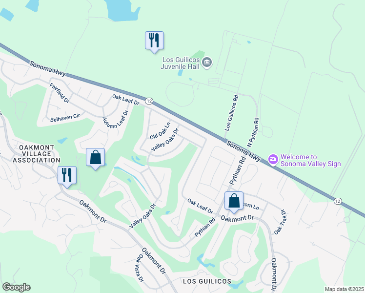 map of restaurants, bars, coffee shops, grocery stores, and more near 254 Oak Shadow Drive in Santa Rosa