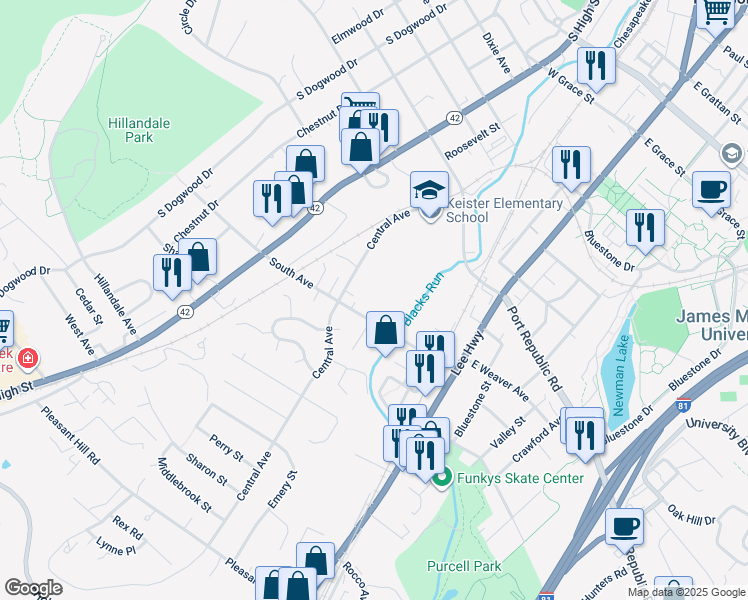 map of restaurants, bars, coffee shops, grocery stores, and more near 94 South Avenue in Harrisonburg