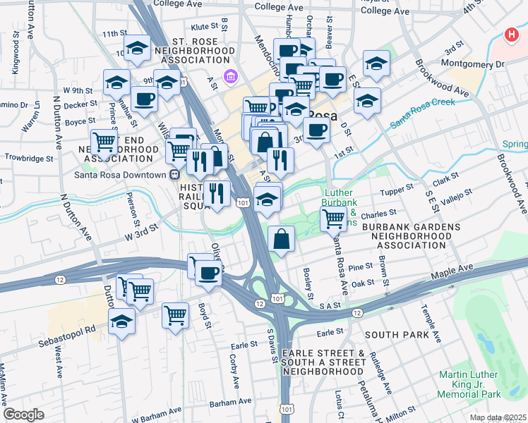 map of restaurants, bars, coffee shops, grocery stores, and more near 427 Sonoma Avenue in Santa Rosa