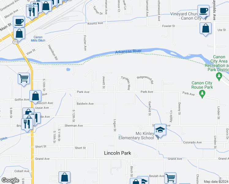 map of restaurants, bars, coffee shops, grocery stores, and more near 1337 Park Ave in Cañon City