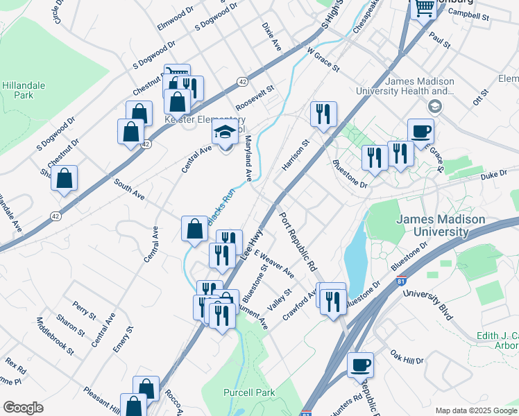 map of restaurants, bars, coffee shops, grocery stores, and more near 1315 South Main Street in Harrisonburg