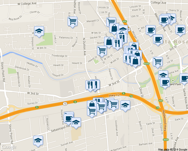 map of restaurants, bars, coffee shops, grocery stores, and more near 9 Hull Street in Santa Rosa