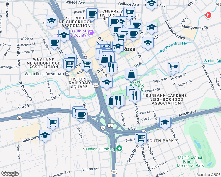 map of restaurants, bars, coffee shops, grocery stores, and more near 2 A Street in Santa Rosa