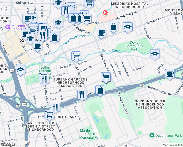 map of restaurants, bars, coffee shops, grocery stores, and more near 1033 Bush Street in Santa Rosa