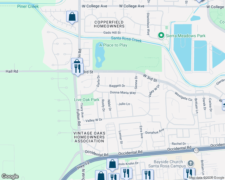 map of restaurants, bars, coffee shops, grocery stores, and more near 2399 Donna Maria Way in Santa Rosa