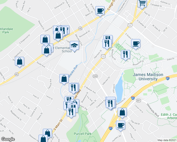 map of restaurants, bars, coffee shops, grocery stores, and more near 15 Maryland Avenue in Harrisonburg