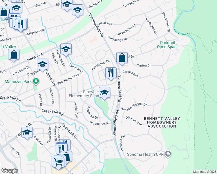 map of restaurants, bars, coffee shops, grocery stores, and more near 4224 Brookshire Circle in Santa Rosa