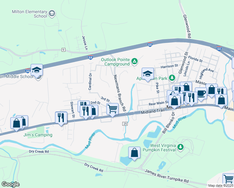 map of restaurants, bars, coffee shops, grocery stores, and more near 1039 Newmans Branch Road in Milton