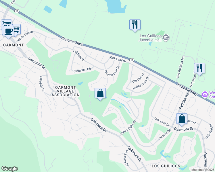 map of restaurants, bars, coffee shops, grocery stores, and more near 220 Mockingbird Circle in Santa Rosa