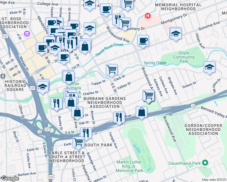 map of restaurants, bars, coffee shops, grocery stores, and more near 339 South E Street in Santa Rosa