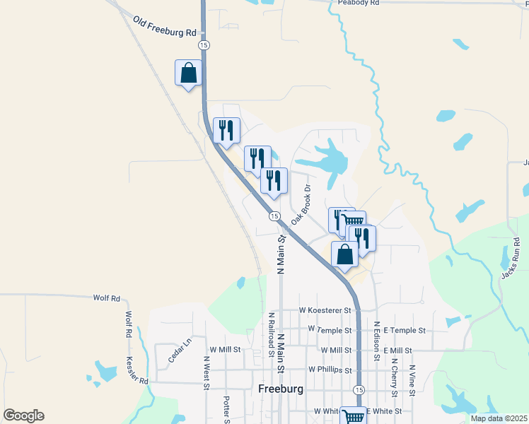 map of restaurants, bars, coffee shops, grocery stores, and more near 703 Illinois 13 in Freeburg
