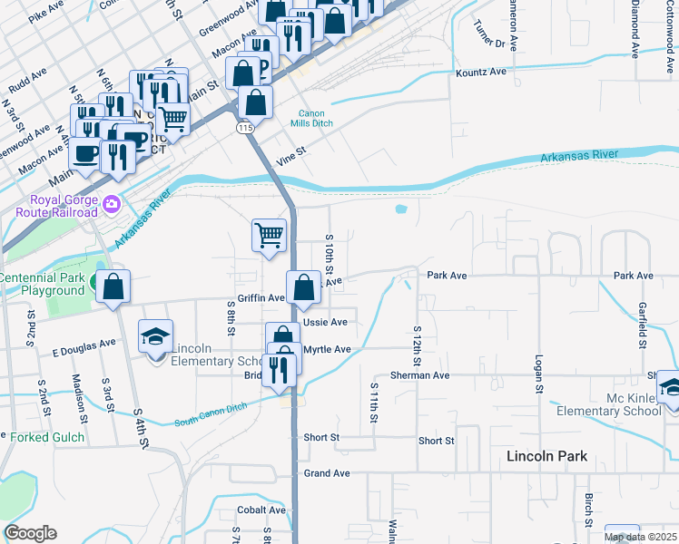 map of restaurants, bars, coffee shops, grocery stores, and more near 722 South 10th Street in Cañon City