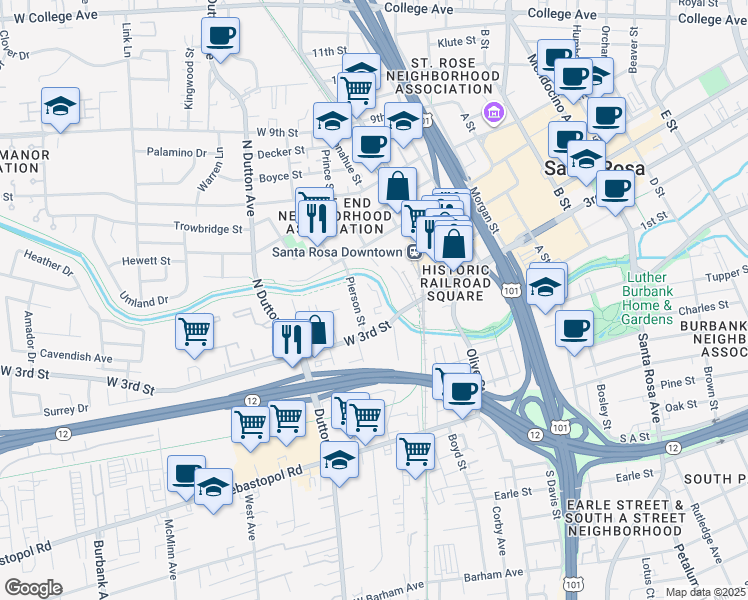 map of restaurants, bars, coffee shops, grocery stores, and more near 24 Pierson Street in Santa Rosa