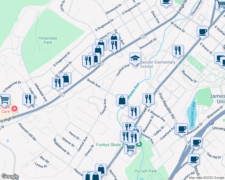 map of restaurants, bars, coffee shops, grocery stores, and more near 1378 Central Avenue in Harrisonburg