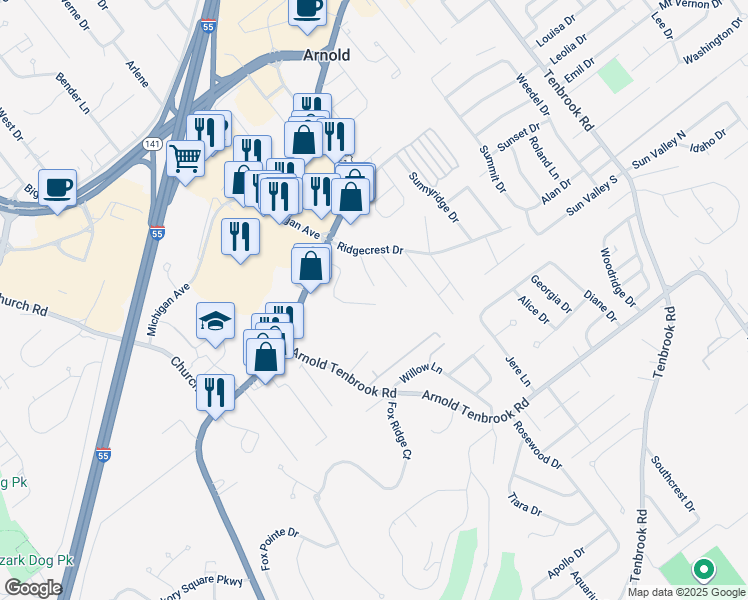 map of restaurants, bars, coffee shops, grocery stores, and more near 2390 Glenn Drive in Arnold