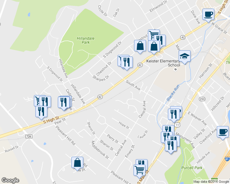 map of restaurants, bars, coffee shops, grocery stores, and more near 1136 South High Street in Harrisonburg