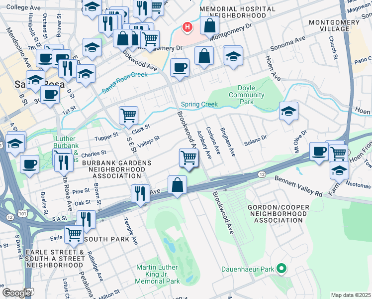 map of restaurants, bars, coffee shops, grocery stores, and more near 1063 Stevenson Street in Santa Rosa