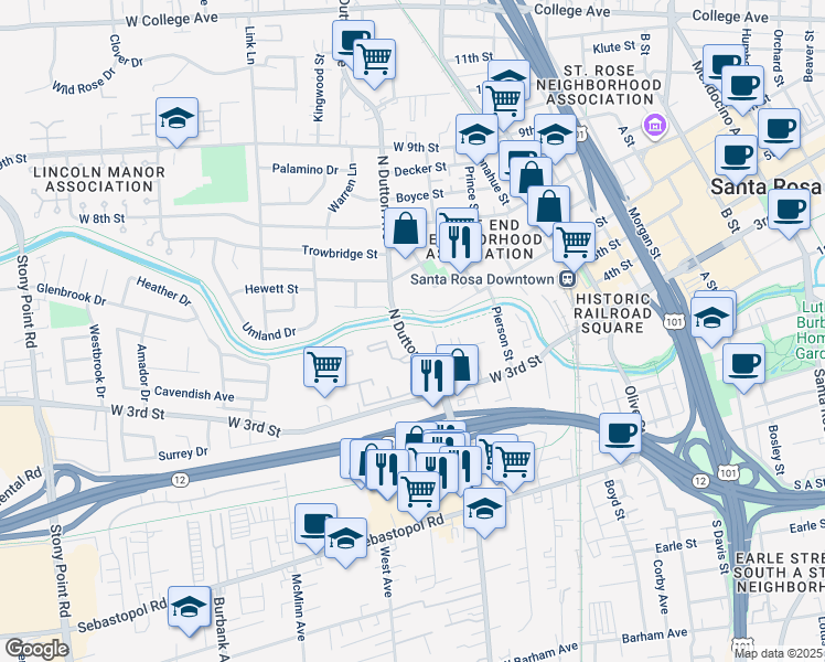 map of restaurants, bars, coffee shops, grocery stores, and more near 154 North Dutton Avenue in Santa Rosa