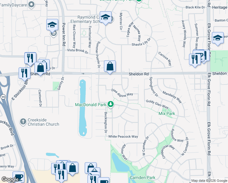 map of restaurants, bars, coffee shops, grocery stores, and more near 8619 Disa Alpine Way in Elk Grove