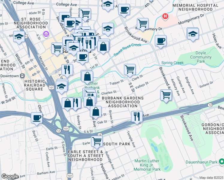 map of restaurants, bars, coffee shops, grocery stores, and more near 717 Charles Street in Santa Rosa