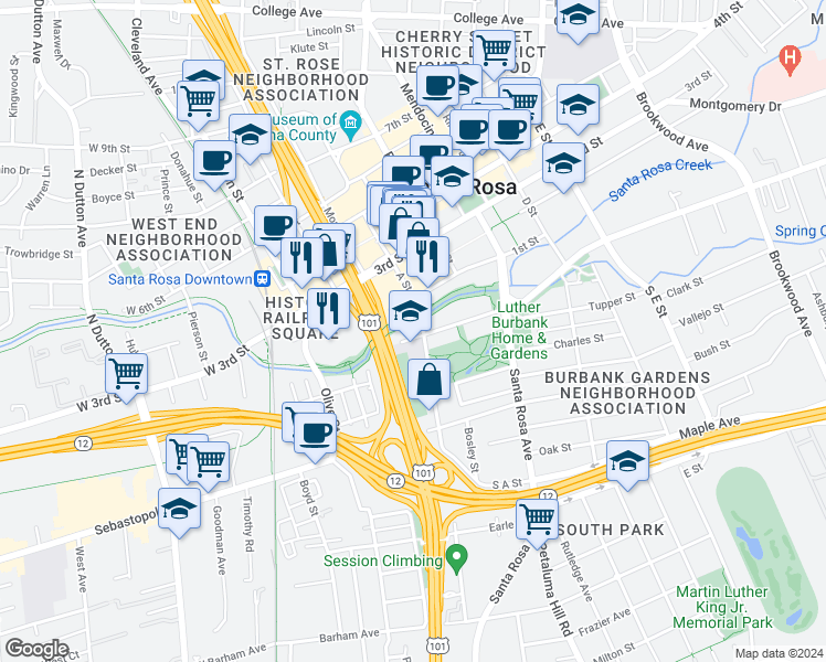 map of restaurants, bars, coffee shops, grocery stores, and more near 427 Sonoma Avenue in Santa Rosa
