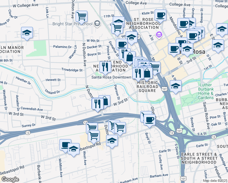 map of restaurants, bars, coffee shops, grocery stores, and more near 24 Pierson Street in Santa Rosa