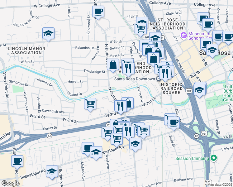 map of restaurants, bars, coffee shops, grocery stores, and more near 9 Hull Street in Santa Rosa