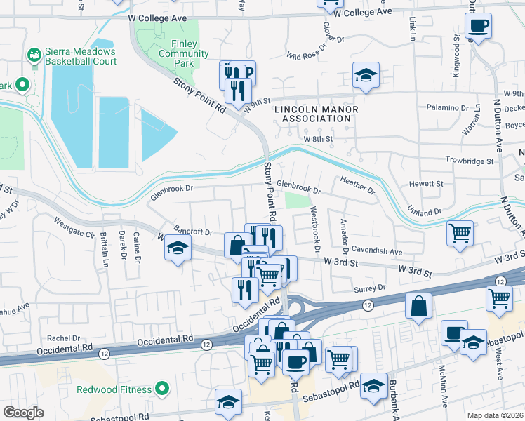 map of restaurants, bars, coffee shops, grocery stores, and more near 205 Stony Point Road in Santa Rosa