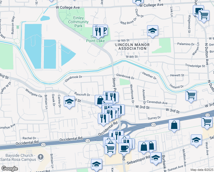 map of restaurants, bars, coffee shops, grocery stores, and more near 205 Stony Point Road in Santa Rosa