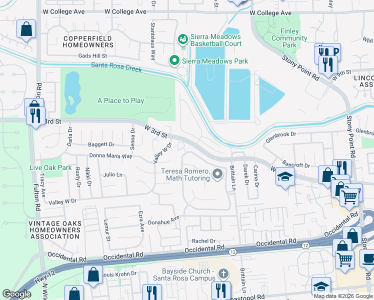 map of restaurants, bars, coffee shops, grocery stores, and more near 68 Westgate Circle in Santa Rosa
