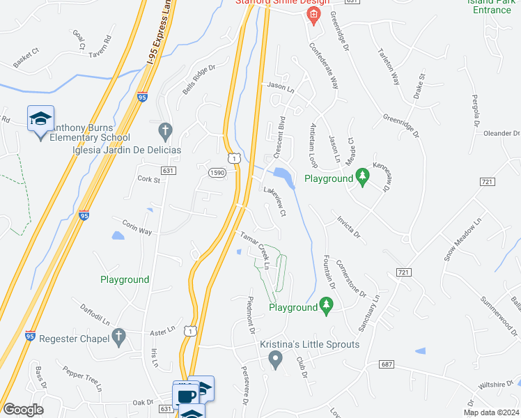 map of restaurants, bars, coffee shops, grocery stores, and more near 8 Wayside Court in Stafford