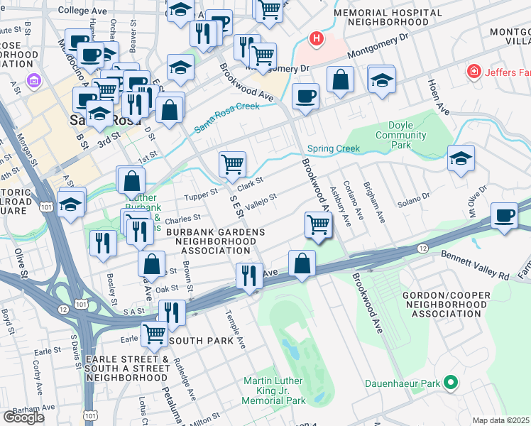 map of restaurants, bars, coffee shops, grocery stores, and more near 418 Virginia Court in Santa Rosa