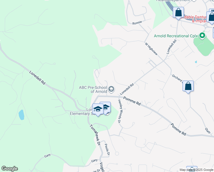 map of restaurants, bars, coffee shops, grocery stores, and more near 2261 Louie Drive in Arnold