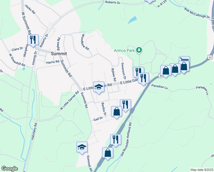 map of restaurants, bars, coffee shops, grocery stores, and more near 900 East Little Garner Road in Ashland