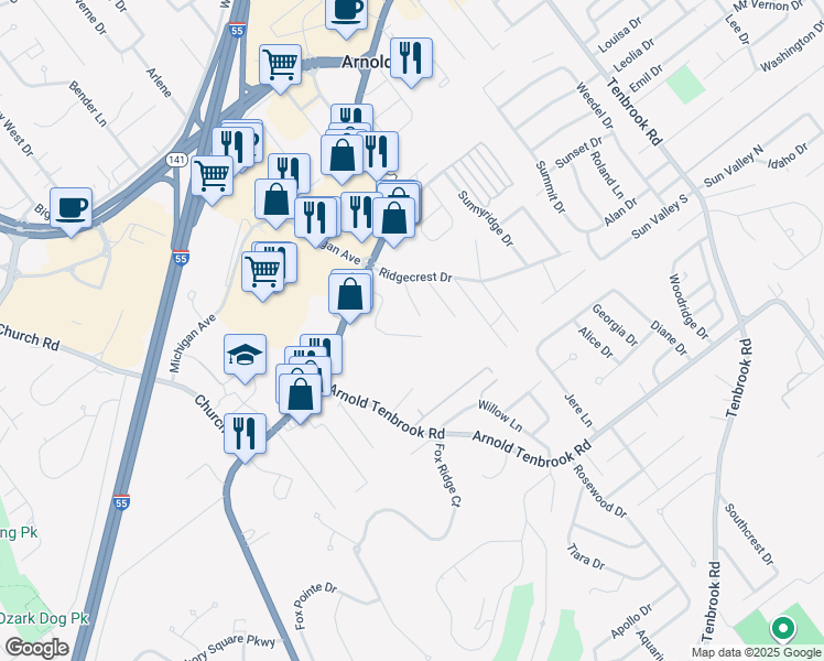map of restaurants, bars, coffee shops, grocery stores, and more near 2390 Glenn Drive in Arnold