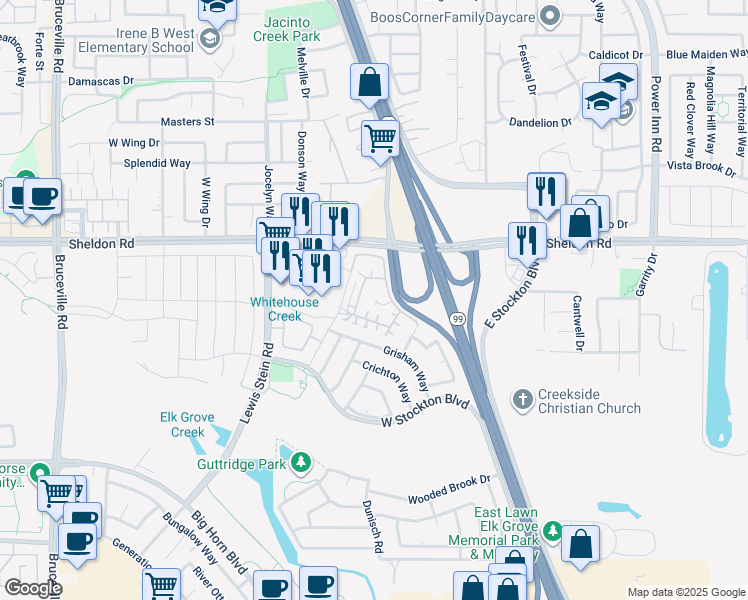 map of restaurants, bars, coffee shops, grocery stores, and more near 8201 Zenia Lane in Elk Grove